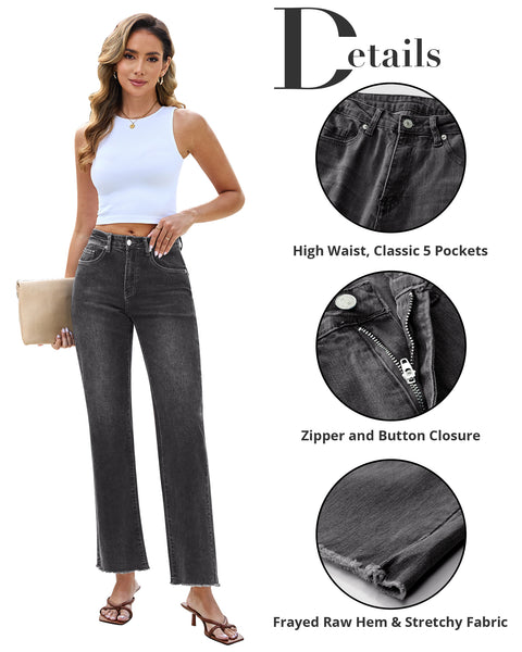 GRAPENT Straight Leg Jeans for Women High Waisted Stretchy Frayed Raw Hem Loose Denim Pants Casual Baggy Jean Trousers