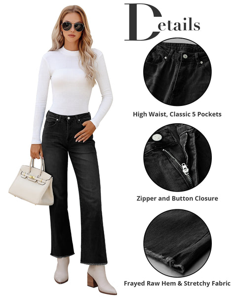 GRAPENT Straight Leg Jeans for Women High Waisted Stretchy Frayed Raw Hem Loose Denim Pants Casual Baggy Jean Trousers