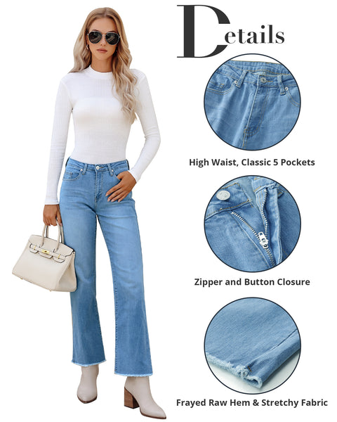 GRAPENT Straight Leg Jeans for Women High Waisted Stretchy Frayed Raw Hem Loose Denim Pants Casual Baggy Jean Trousers