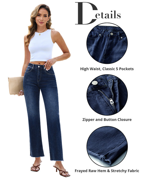 GRAPENT Straight Leg Jeans for Women High Waisted Stretchy Frayed Raw Hem Loose Denim Pants Casual Baggy Jean Trousers