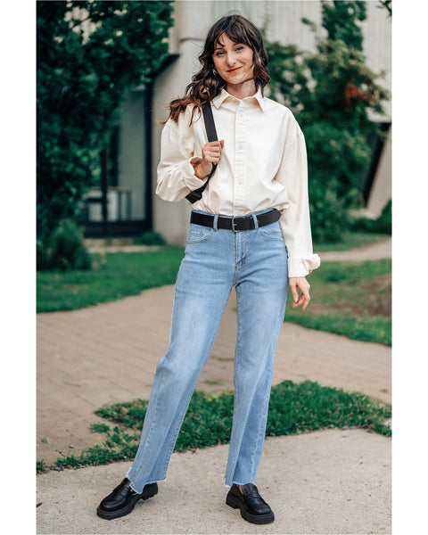 GRAPENT Straight Leg Jeans for Women High Waisted Stretchy Frayed Raw Hem Loose Denim Pants Casual Baggy Jean Trousers