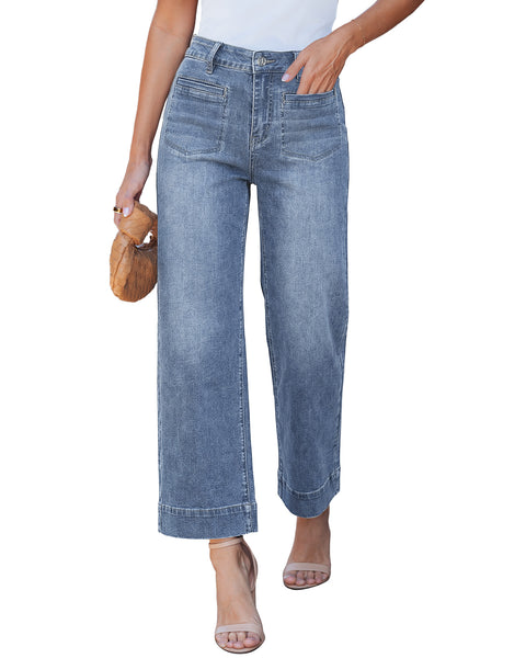 GRAPENT Wide Leg Jeans for Women Cropped High Waisted Trendy Patch Pocket Baggy Loose Straight Leg Stretchy Denim Pants