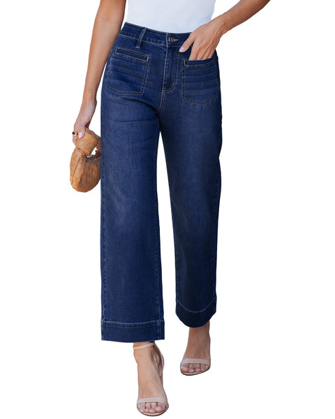 GRAPENT Wide Leg Jeans for Women Cropped High Waisted Trendy Patch Pocket Baggy Loose Straight Leg Stretchy Denim Pants