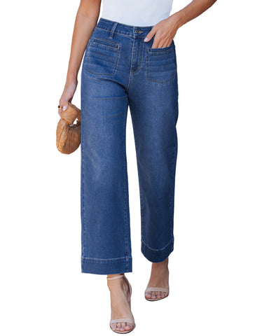 GRAPENT Wide Leg Jeans for Women Cropped High Waisted Trendy Patch Pocket Baggy Loose Straight Leg Stretchy Denim Pants