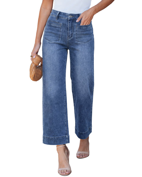 GRAPENT Wide Leg Jeans for Women Cropped High Waisted Trendy Patch Pocket Baggy Loose Straight Leg Stretchy Denim Pants
