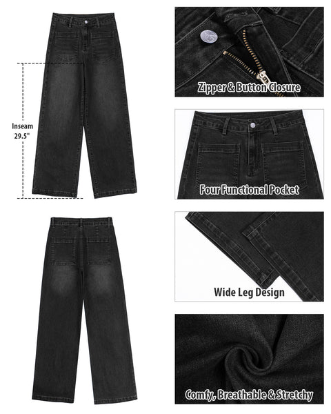 GRAPENT Womens Wide Leg Jeans High Waisted Stretch Denim Pants Patch Pocket | Effortless Wide Leg Silhouette, High Rise, 29.5 Inch Inseam, Full Length, Soft Stretch Denim, Jean Pants, Casual Work Outfits
