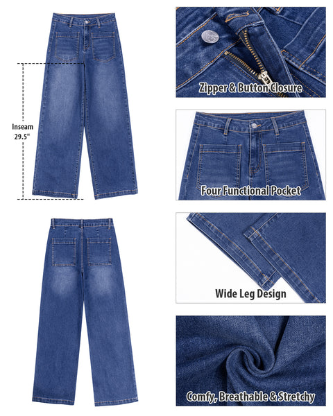GRAPENT Womens Wide Leg Jeans High Waisted Stretch Denim Pants Patch Pocket | Effortless Wide Leg Silhouette, High Rise, 29.5 Inch Inseam, Full Length, Soft Stretch Denim, Jean Pants, Casual Work Outfits