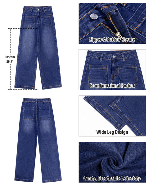 GRAPENT Womens Wide Leg Jeans High Waisted Stretch Denim Pants Patch Pocket | Effortless Wide Leg Silhouette, High Rise, 29.5 Inch Inseam, Full Length, Soft Stretch Denim, Jean Pants, Casual Work Outfits