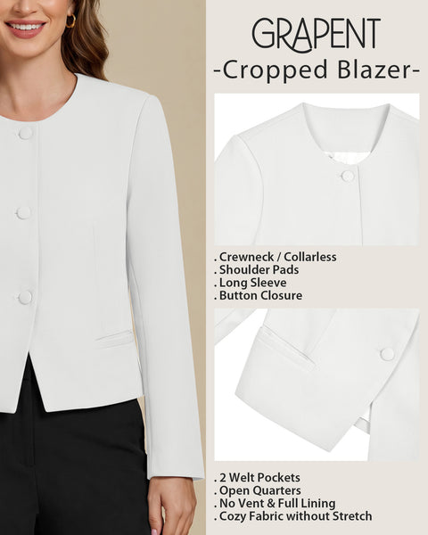 GRAPENT Cropped Blazers for Women Business Casual Collarless Blazer Jackets Collarless Round Neck, Long Sleeve, Crop Length, Shoulder Pads, Button-Front, Casual Suit Jacket, Dressy Casual, Work Office
