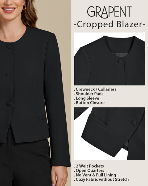 GRAPENT Cropped Blazers for Women Business Casual Collarless Blazer Jackets Collarless Round Neck, Long Sleeve, Crop Length, Shoulder Pads, Button-Front, Casual Suit Jacket, Dressy Casual, Work Office