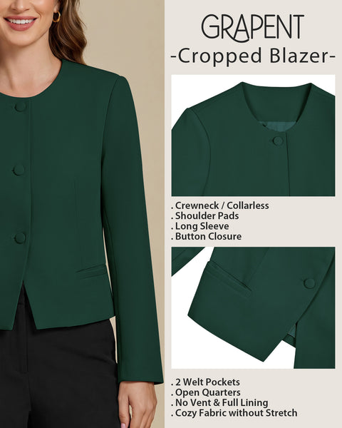 GRAPENT Cropped Blazers for Women Business Casual Collarless Blazer Jackets Collarless Round Neck, Long Sleeve, Crop Length, Shoulder Pads, Button-Front, Casual Suit Jacket, Dressy Casual, Work Office