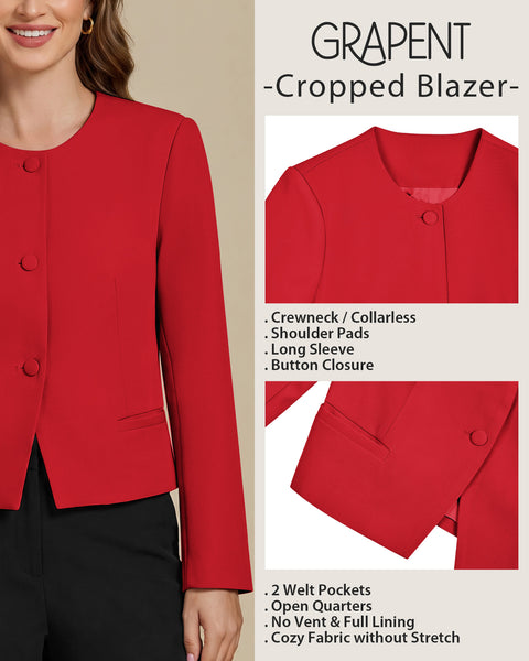 GRAPENT Cropped Blazers for Women Business Casual Collarless Blazer Jackets Collarless Round Neck, Long Sleeve, Crop Length, Shoulder Pads, Button-Front, Casual Suit Jacket, Dressy Casual, Work Office