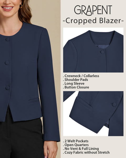 GRAPENT Cropped Blazers for Women Business Casual Collarless Blazer Jackets Collarless Round Neck, Long Sleeve, Crop Length, Shoulder Pads, Button-Front, Casual Suit Jacket, Dressy Casual, Work Office