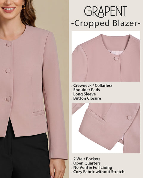 GRAPENT Cropped Blazers for Women Business Casual Collarless Blazer Jackets Collarless Round Neck, Long Sleeve, Crop Length, Shoulder Pads, Button-Front, Casual Suit Jacket, Dressy Casual, Work Office