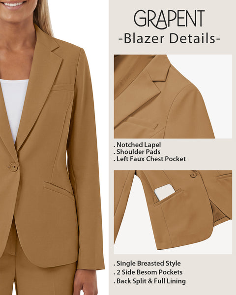 GRAPENT Blazers for Women Business Casual Long Sleeve Work Office Jackets | Womens Blazers Dressy Casual Outfits, Notched Lapel, Shoulder Pads, Single Button and 2 Pockets, Work Wear, Interview Outfits
