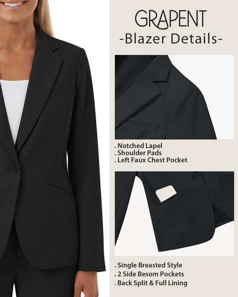 GRAPENT Blazers for Women Business Casual Long Sleeve Work Office Jackets | Womens Blazers Dressy Casual Outfits, Notched Lapel, Shoulder Pads, Single Button and 2 Pockets, Work Wear, Interview Outfits