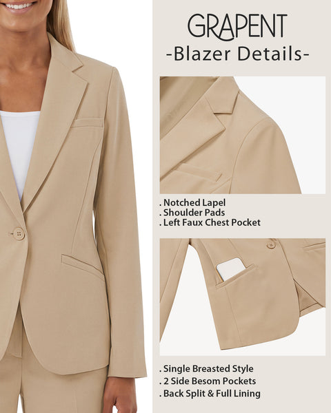GRAPENT Blazers for Women Business Casual Long Sleeve Work Office Jackets | Womens Blazers Dressy Casual Outfits, Notched Lapel, Shoulder Pads, Single Button and 2 Pockets, Work Wear, Interview Outfits
