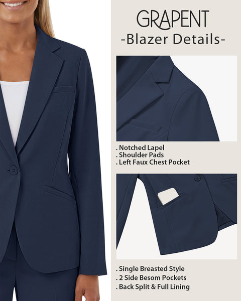 GRAPENT Blazers for Women Business Casual Long Sleeve Work Office Jackets | Womens Blazers Dressy Casual Outfits, Notched Lapel, Shoulder Pads, Single Button and 2 Pockets, Work Wear, Interview Outfits