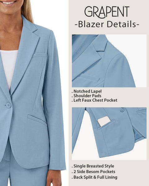 GRAPENT Blazers for Women Business Casual Long Sleeve Work Office Jackets | Womens Blazers Dressy Casual Outfits, Notched Lapel, Shoulder Pads, Single Button and 2 Pockets, Work Wear, Interview Outfits