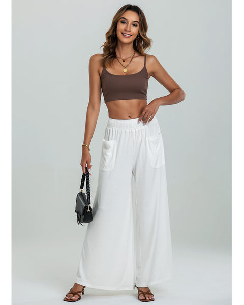 GRAPENT Wide Leg Pants for Women High Wasited Baggy Palazzo Pants Casual Pull On Bell Bottom Smocked Elastic Waist Pants