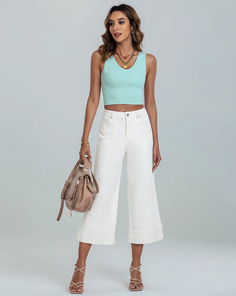 GRAPENT Wide Leg Jeans for Women High Waisted Stretchy Denim Capri Pants Fold Hem Cropped Baggy Capris Jeans with Pocket