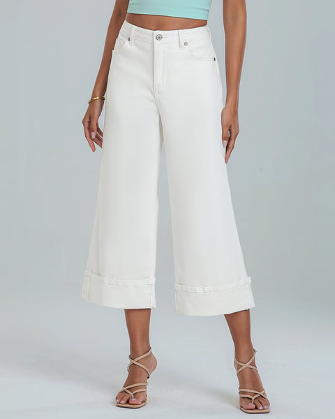 GRAPENT Wide Leg Jeans for Women High Waisted Stretchy Denim Capri Pants Fold Hem Cropped Baggy Capris Jeans with Pocket