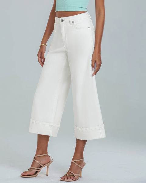 GRAPENT Wide Leg Jeans for Women High Waisted Stretchy Denim Capri Pants Fold Hem Cropped Baggy Capris Jeans with Pocket