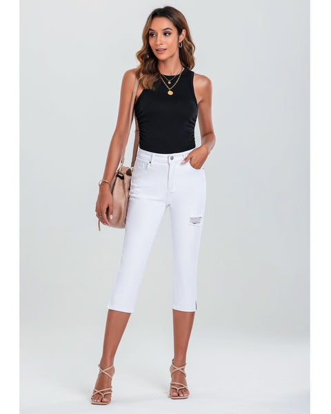 GRAPENT Capris Jeans for Women High Waisted Stretchy Ripped Skinny Denim Capri Pants Distressed Cropped Jeggings Casual