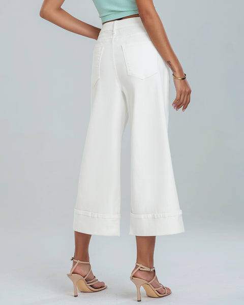 GRAPENT Wide Leg Jeans for Women High Waisted Stretchy Denim Capri Pants Fold Hem Cropped Baggy Capris Jeans with Pocket