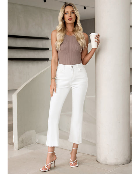 GRAPENT Women's High Waisted Flared Cropped Jeans Raw Hem Denim Pants