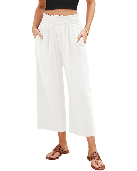 GRAPENT Capri Pants for Women High Waisted Wide Leg Linen Palazzo Trousers Pull On Elastic Smock Waist Loose Flowy Pants