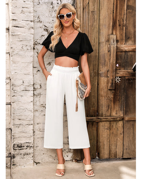 GRAPENT Capri Pants for Women High Waisted Wide Leg Linen Palazzo Trousers Pull On Elastic Smock Waist Loose Flowy Pants