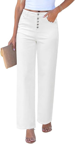 Grapent Women's Premium High Waisted Wide Leg Jeans Modern Button Front Stretchy Denim Pants