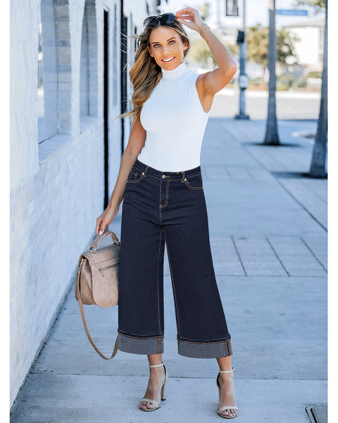 GRAPENT Wide Leg Jeans for Women High Waisted Stretchy Denim Capri Pants Fold Hem Cropped Baggy Capris Jeans with Pocket