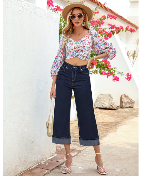 GRAPENT Wide Leg Jeans for Women High Waisted Stretchy Denim Capri Pants Fold Hem Cropped Baggy Capris Jeans with Pocket