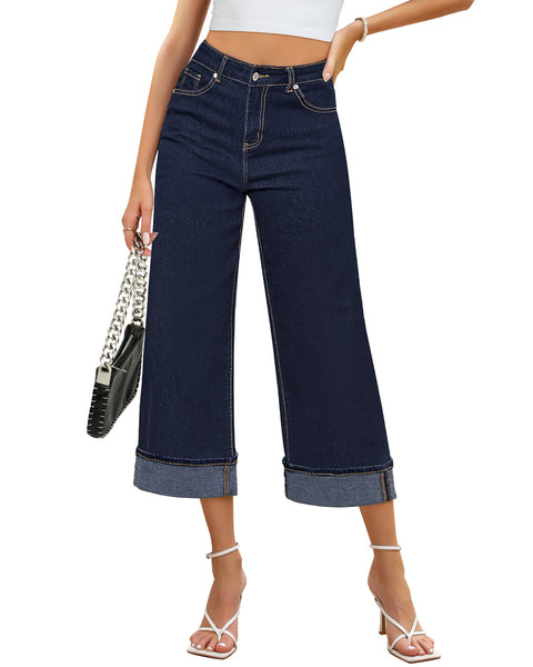 GRAPENT Wide Leg Jeans for Women High Waisted Stretchy Denim Capri Pants Fold Hem Cropped Baggy Capris Jeans with Pocket