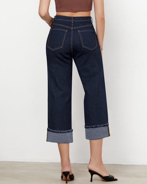 GRAPENT Wide Leg Jeans for Women High Waisted Stretchy Denim Capri Pants Fold Hem Cropped Baggy Capris Jeans with Pocket