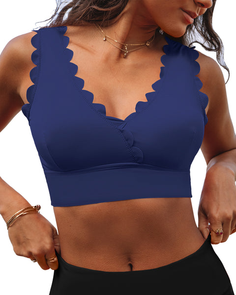 GRAPENT StrapCore Bikini Tops for Women Scalloped Bathing Suit Beach Padded Adjustable Cropped Tankini Swimwear Swim Top Only