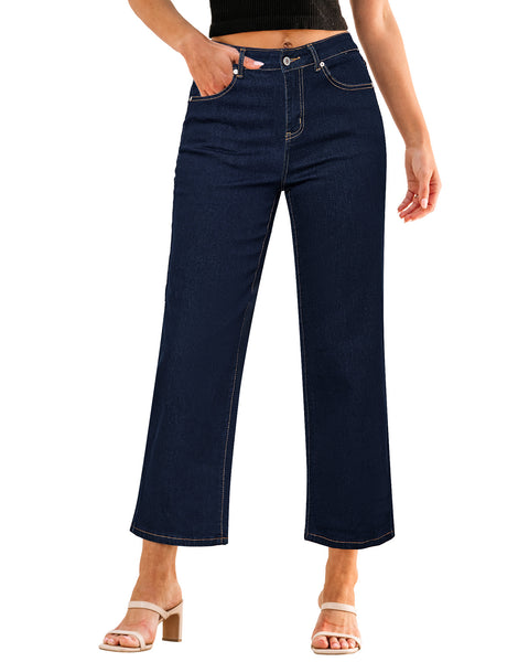 GRAPENT Jeans for Women Trendy High Waisted Baggy Straight Leg Stretchy Denim Ankle Pants Cropped Jeans with Pockets