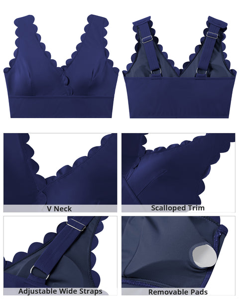 GRAPENT StrapCore Bikini Tops for Women Scalloped Bathing Suit Beach Padded Adjustable Cropped Tankini Swimwear Swim Top Only