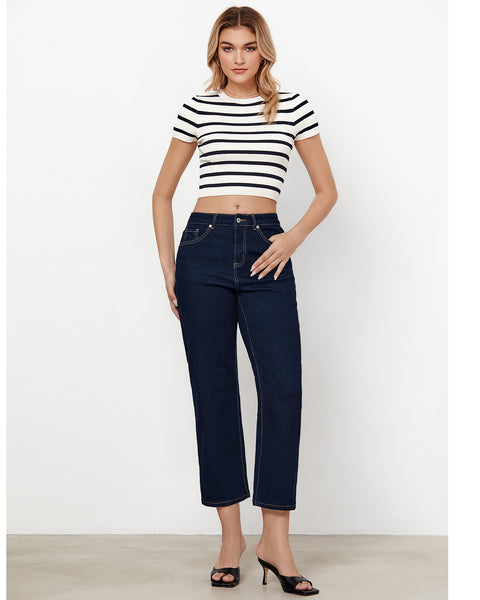 GRAPENT Jeans for Women Trendy High Waisted Baggy Straight Leg Stretchy Denim Ankle Pants Cropped Jeans with Pockets