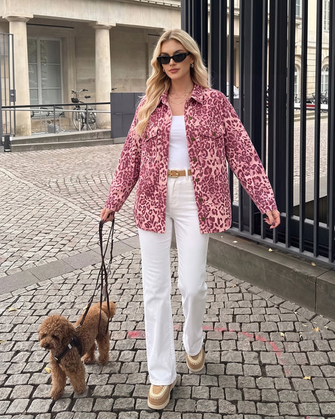 GRAPENT Women's Leopard Jean Jacket Oversized Cheetah Print Denim Shacket Non‑stretch, Leopard Print, Longline Silhouette, Button Down Denim Jackets, Flap Chest Pockets, Casual Outings, Fall Outfits