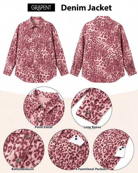 GRAPENT Women's Leopard Jean Jacket Oversized Cheetah Print Denim Shacket Non‑stretch, Leopard Print, Longline Silhouette, Button Down Denim Jackets, Flap Chest Pockets, Casual Outings, Fall Outfits