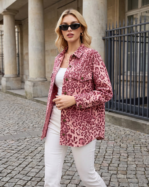 GRAPENT Women's Leopard Jean Jacket Oversized Cheetah Print Denim Shacket Non‑stretch, Leopard Print, Longline Silhouette, Button Down Denim Jackets, Flap Chest Pockets, Casual Outings, Fall Outfits
