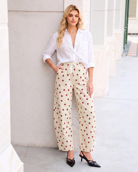 GRAPENT Barrel Womens Jeans High Rise Polka Dot Pull On Stretch Denim Pants | Cropped Jeans for Women, Elastic Waist with Drawstring, High Waisted, 27 Inch Inseam, Dressy Casual Outfit, Casual Daily Wear