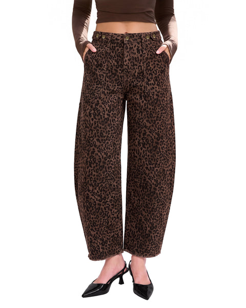 GRAPENT Leopard Barrel Jeans Women High Rise Frayed Hem Cheetah Print Pants | Adjustable Cinched Waist, Ankle Length, 28" Inseam, High Waisted, Leopard Print, Country Concert Outfits, Casual Work Wear
