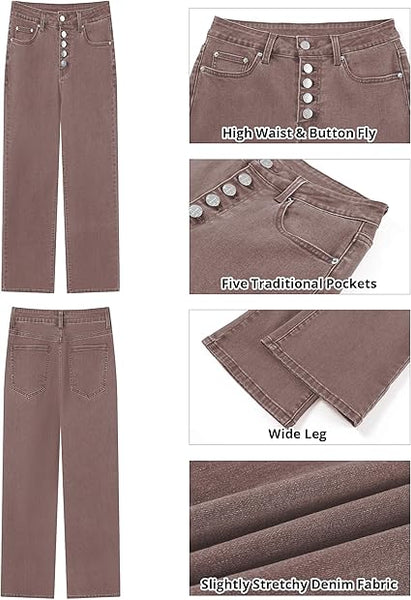 GRAPENT Wide Leg Jeans for Women High Waisted Trendy Button Fly Stretchy Denim Pants Vintage Straight Leg Trouser Jeans