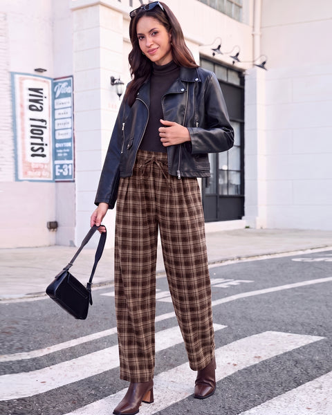 GRAPENT Barrel Pants Women Trendy Plaid High Waisted Pull On Ankle Trousers | Tapered Wide Leg Style, Elastic Waist with Adjustable Drawstring, Front Pockets, Work Office, Casual Fall Street Outfits