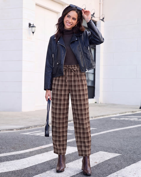 GRAPENT Barrel Pants Women Trendy Plaid High Waisted Pull On Ankle Trousers | Tapered Wide Leg Style, Elastic Waist with Adjustable Drawstring, Front Pockets, Work Office, Casual Fall Street Outfits