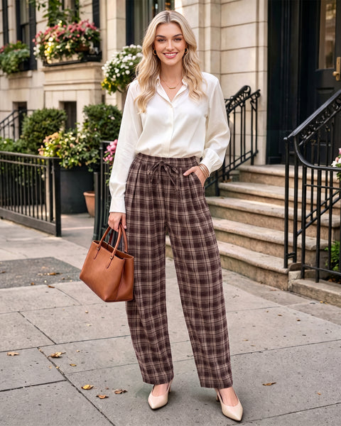 GRAPENT Barrel Pants Women Trendy Plaid High Waisted Pull On Ankle Trousers | Tapered Wide Leg Style, Elastic Waist with Adjustable Drawstring, Front Pockets, Work Office, Casual Fall Street Outfits